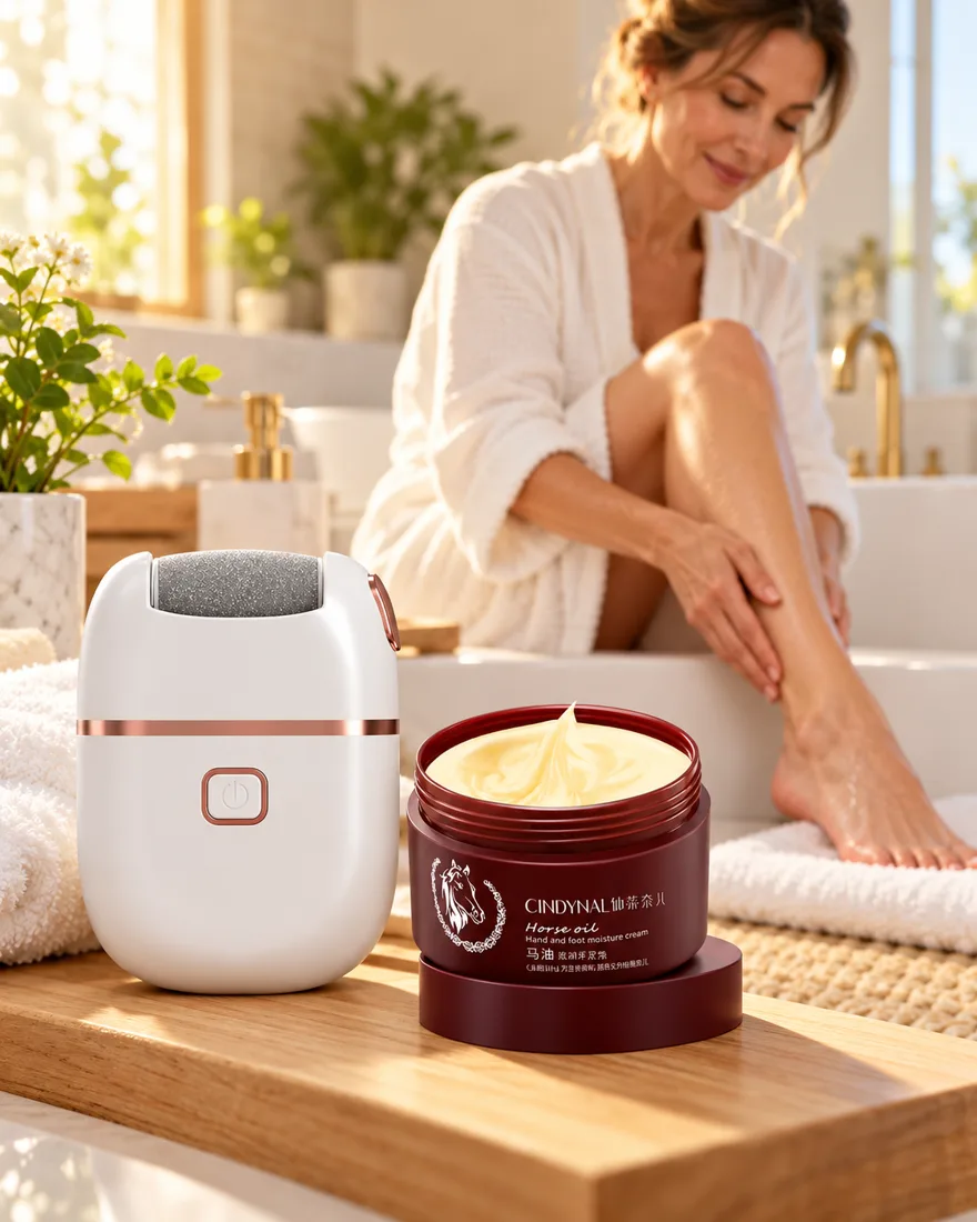 Polizorul electric alb și crema cu ulei de cal Cindynal pe raftul din baie